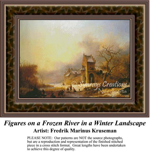 Winter Cross Stitch Patterns | Figures on a Frozen River in a Winter Landscape 