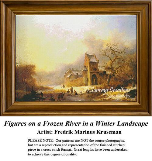 Winter Cross Stitch Patterns | Figures on a Frozen River in a Winter Landscape