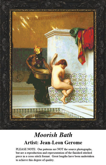 A nude woman with auburn hair sits shyly in a bath attended by a figure in traditional dress, ready for your next cross stitch project.