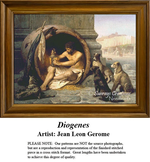 A Greek philosopher named Diogenes sits inside a barrel holding a lamp, surrounded by three dogs, designed as a PDF pattern from Jean Leon Gerome.