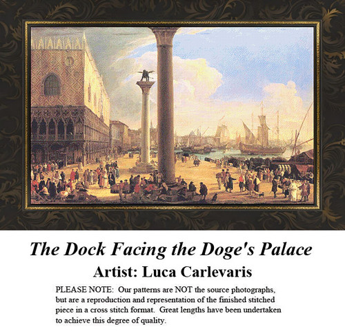 A bustling dock scene with ships and people, captured as a counted cross stitch pattern by artist Luca Carlevaris.