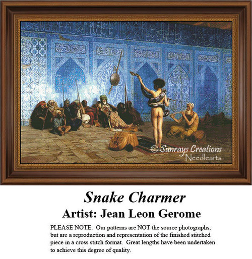 A young boy charmers a python in front of an audience, based on a painting by Jean Leon Gerome, shown as a digital pattern for cross stitch.