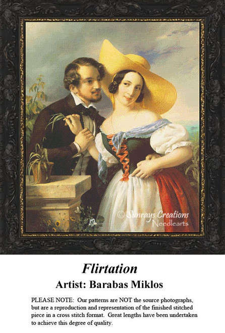 A dapper gentleman leans close to a young woman in a wide-brimmed straw hat, brought to life as a counted cross stitch pattern.