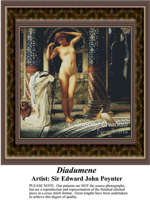 A woman poses gracefully with her arms raised, preserved as a counted cross stitch pattern by Sir Edward John Poynter.