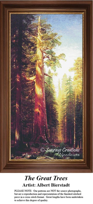 A majestic redwood tree surrounded by tall green pines, shown in this xstitch pattern inspired by Albert Bierstadt's nature art.