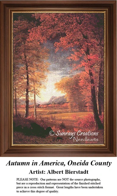 A scenic autumn clearing is alive with flame and golden trees, framed as a counted cross stitch chart by artist Albert Bierstadt.