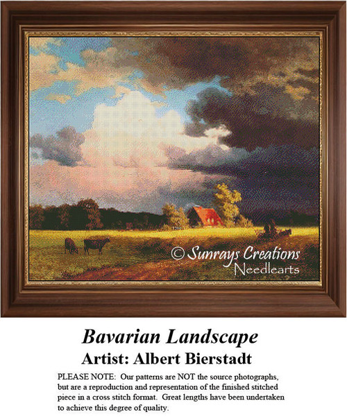 A colorful landscape depicts a field of golden grain, cattle grazing, and a red-roofed cottage, ready for your next cross stitch project.