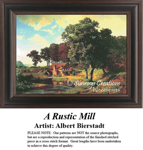 An old water mill stands among tall trees with a horse-drawn carriage parked nearby, offered as a counted cross stitch pattern.