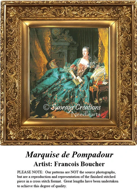 A woman in a lavish teal gown adorned with flowers sits elegantly, transformed into a counted cross stitch pattern by Francois Boucher.