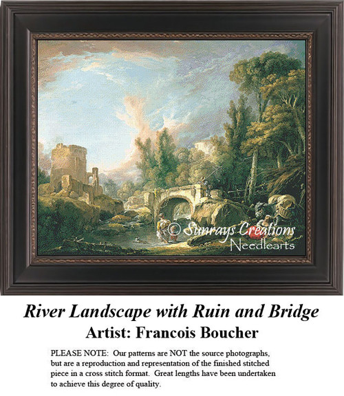 A serene river landscape depicts ancient ruins and figures engaged in daily activities, yours as a counted cross stitch kit.