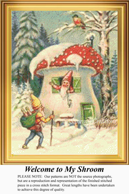 A winter scene with an elf in a green and brown outfit standing in front of a giant red-topped mushroom house, welcoming another elf inside. Snow