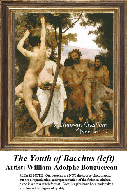 A group of young men celebrate in a lush garden setting, depicted as a counted cross stitch pattern, perfect for your next cross stitch project.