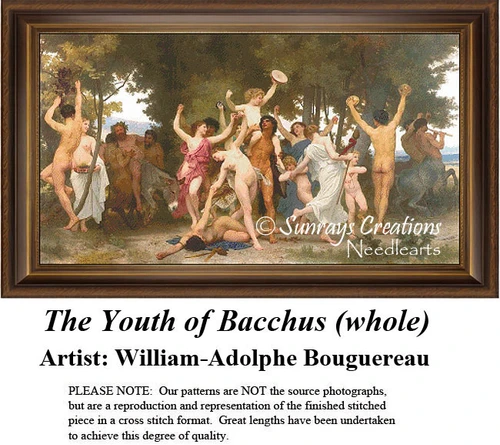 A group of young revelers celebrate naked and semi-naked in honor of Bacchus, preserved as a counted cross stitch pattern.