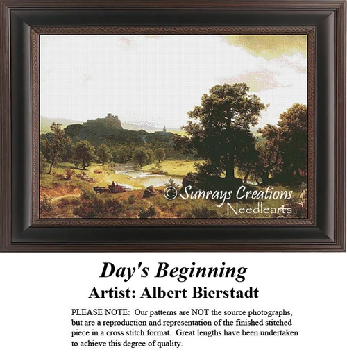 A serene landscape shows two large trees, a river, and a distant castle at dawn, available as a counted cross stitch pattern.