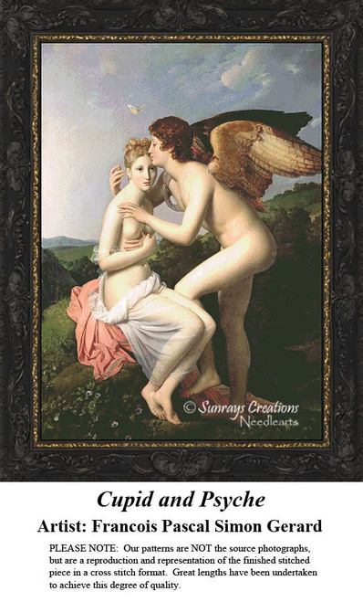 A winged Cupid kisses Psyche on the forehead, surrounded by a lush landscape, immortalized as a counted cross stitch pattern.