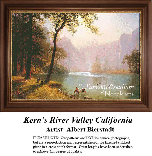 A serene river scene with two travelers and three horses beside an aqua river, designed as a counted cross stitch kit from Albert Bierstadt's artwork.