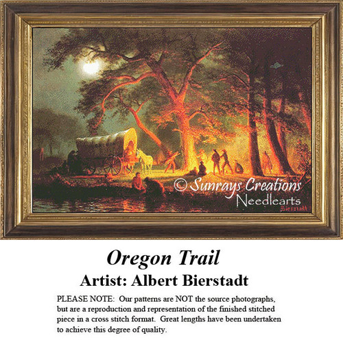 A covered wagon rests under a tree as settlers gather around a fire, designed as a counted cross stitch pattern waiting as your next cross stitch.