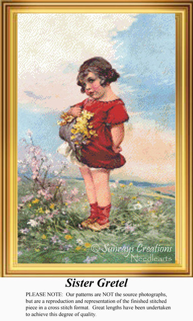 A little girl in a red dress holds a basket of yellow flowers in a field, designed as a counted cross stitch pattern, perfect for your next cross.