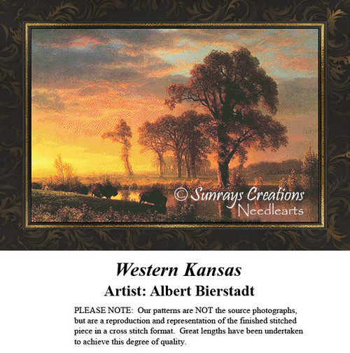 A landscape at sunset with bison near water, designed as a digital pattern from Albert Bierstadt's work, suitable for DMC floss and aida cloth.