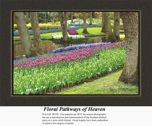 A lush landscape with vibrant tulips in various colors lined along peaceful waterways, designed as a BAP cross stitch pattern for floral enthusiasts.