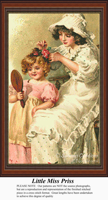 A mother styles her daughter's hair with ribbons and flowers while the girl looks in a mirror, translated into a counted cross stitch design.