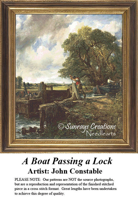 A man works at Flatford Lock, opening a gate for a boat, depicted in this counted cross stitch kit designed from John Constable's art.