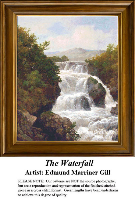 A waterfall cascades over a rocky cliff, framed by lush trees and mountains, yours as a counted cross stitch kit.