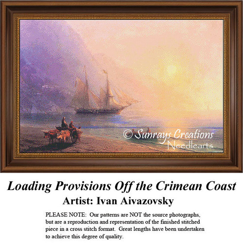 A small boat approaches the shore where supplies are being loaded, composed as a counted cross stitch pattern by Ivan Aivazovsky.
