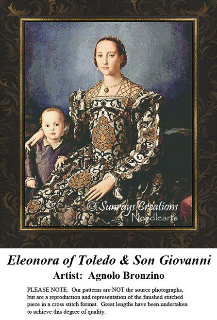 A woman in a richly patterned gown sits with a young boy beside her, designed as a counted cross stitch pattern yours as a counted cross stitch kit.