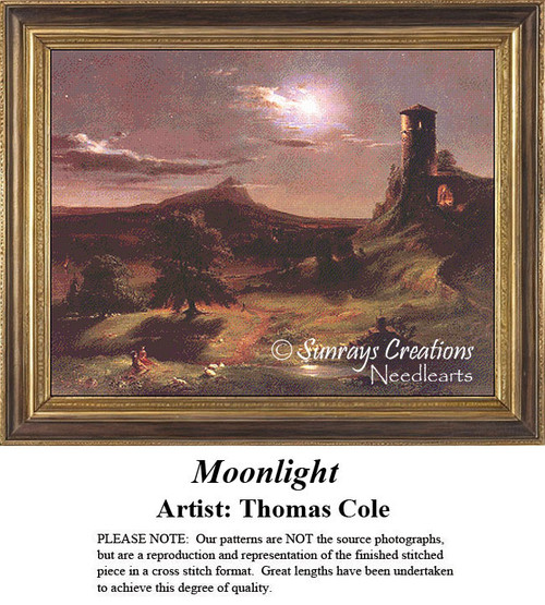 A moonlit landscape with grazing sheep and a couple sitting on the grass, offered as a counted cross stitch pattern by Thomas Cole.