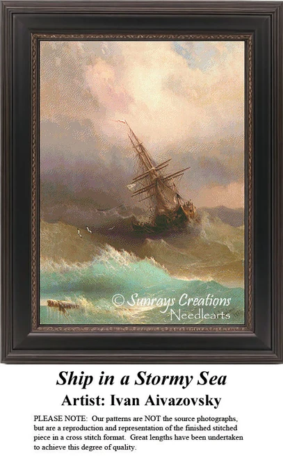 A ship struggles against tumultuous waves and dark clouds in a stormy sea, designed as a printable pattern from Ivan Aivazovsky's artwork.