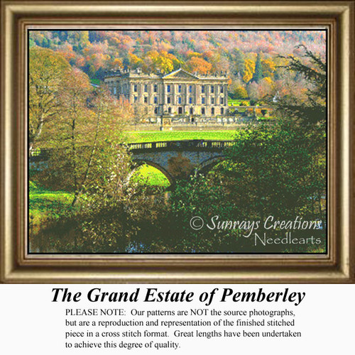 A grand estate with classic architecture sits among trees in autumn colors, translated into a counted cross stitch design.