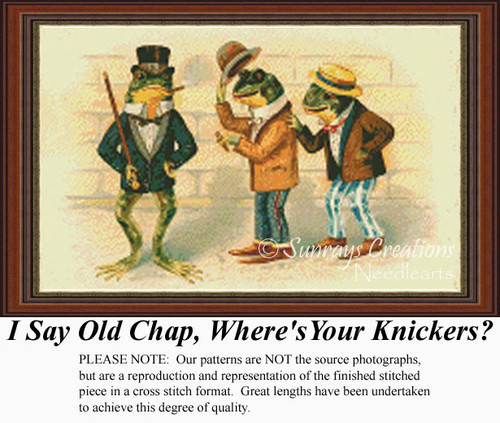 Three gentlemanly frogs dressed in dandy attire stand together, with one frog humorously missing his knickers in this counted cross stitch pattern.