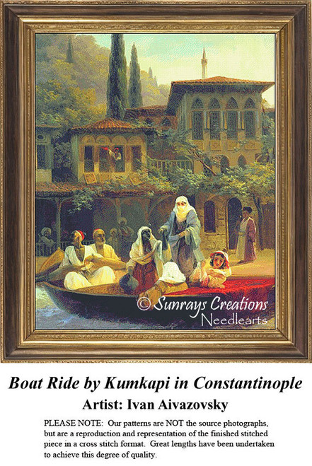 A group of people enjoys a boat ride through the Ottoman Empire, frozen in time as a counted cross stitch pattern.