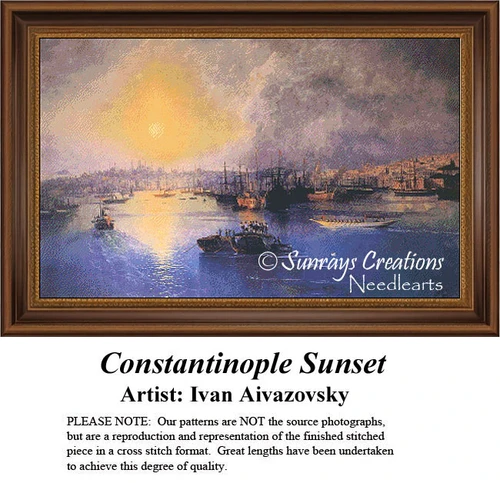 A sunset illuminates the bustling harbor of Constantinople with boats on the water, ready for your next cross stitch project.