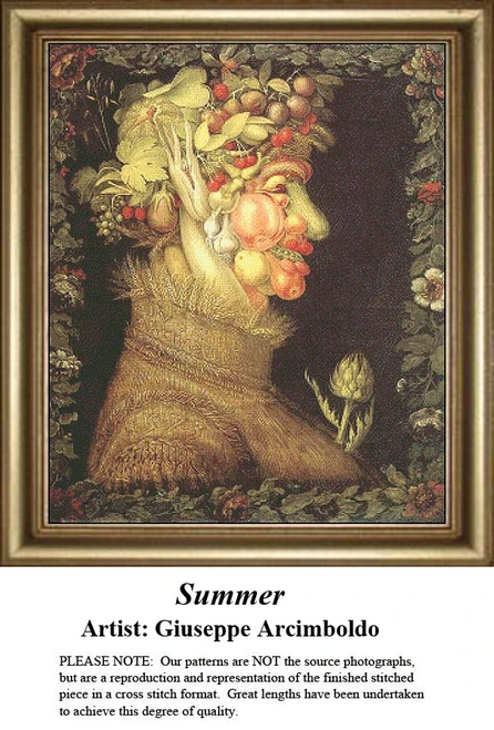 A profile of a face made of fruits, vegetables, and flowers, come to life as a counted cross stitch design by Giuseppe Arcimboldo.