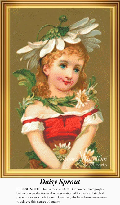A little girl dressed in a costume resembling a Daisy flower, offered as a counted cross stitch pattern, adds charm to any project.