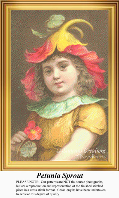 A young girl dressed in a colorful petunia flower costume holds a flower, brought to life as a counted cross stitch pattern.