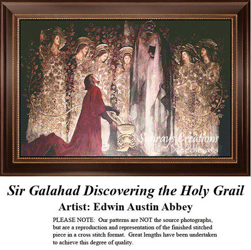 Sir Galahad stands with outstretched arms, receiving the Holy Grail, frozen in time as a counted cross stitch pattern.