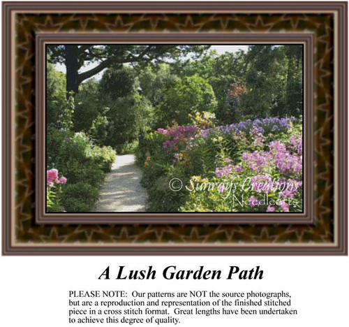 A pathway meanders through a garden filled with colorful flowers and lush green shrubs, available as a counted cross stitch pattern.