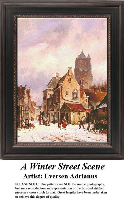 A snowy urban scene with people engaged in daily activities come to life as a counted cross stitch design by Eversen Adrianus.