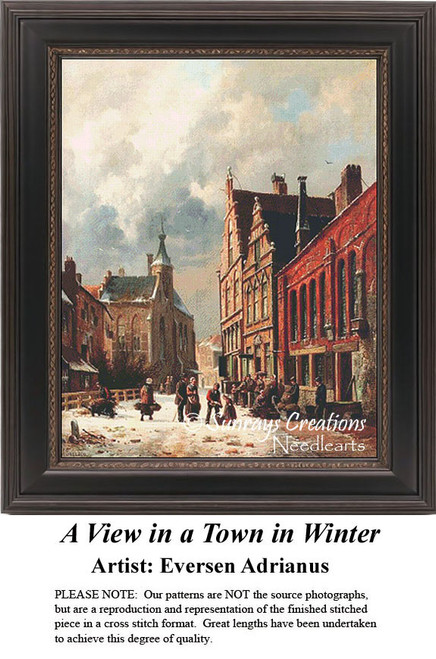 A snowy town scene with townspeople walking beneath heavy clouds and glimpses of blue sky, available as a counted cross stitch pattern.