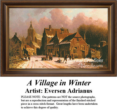 A winter village scene in brown hues under a gray sky with pink clouds, designed as a digital pattern from Eversen Adrianus's work.