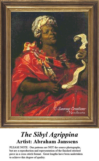 A woman in a vibrant red robe holds a flagellum and a crown of thorns, arranged as a counted cross stitch design.