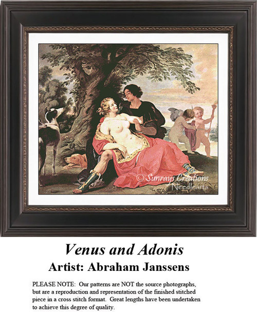 Venus and Adonis embrace tenderly beneath a tree in this artwork by Abraham Janssens, reimagined as a counted cross stitch pattern.