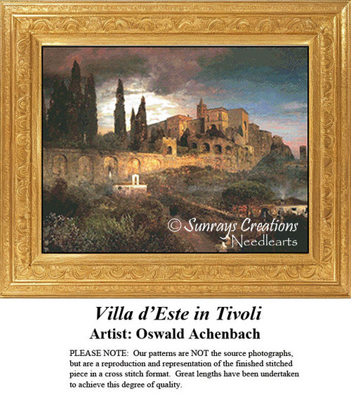 A hilltop villa surrounded by cypress trees and classical walls at dusk, designed as a cross stitch project from Oswald Achenbach's painting.