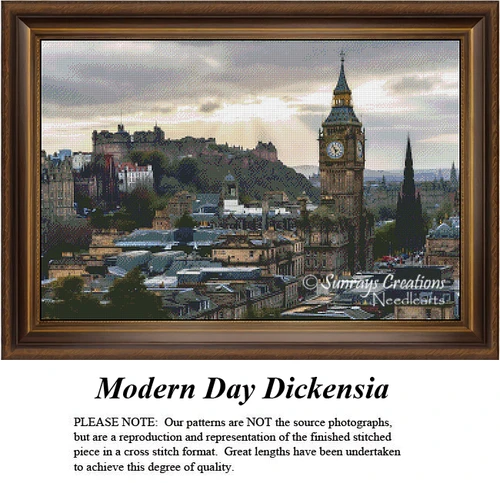 A detailed counted cross-stitch pattern preview of the piece "Modern Day Dickensia." The urban architectural design features iconic British landmarks under a dramatic, cloud-filled sky, capturing brooding nostalgia.