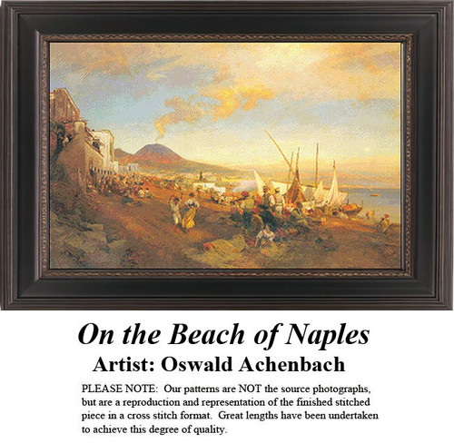 A lively beach scene with people gathering and a volcano in the background, immortalized as a counted cross stitch pattern by Oswald Achenbach.