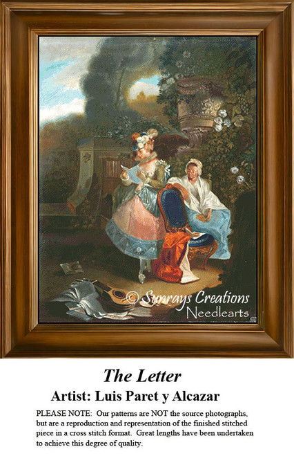 Two women sit outdoors, one reading a letter while the other waits, reimagined as a counted cross stitch pattern by Luis Paret y Alcazar.