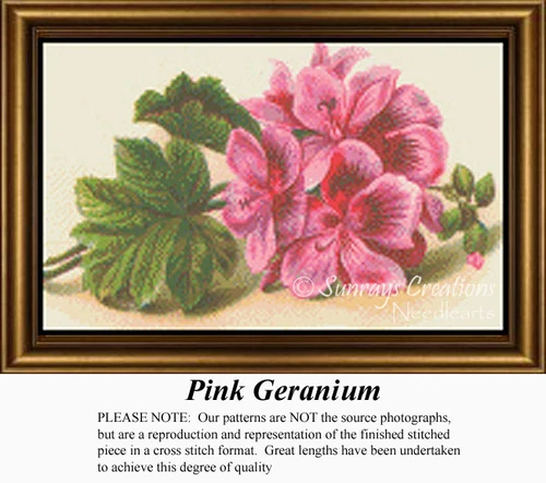 A pink geranium flower with reddish tones beside green leaves, shown as a printable pattern for cross stitch. DMC floss works well for this design.